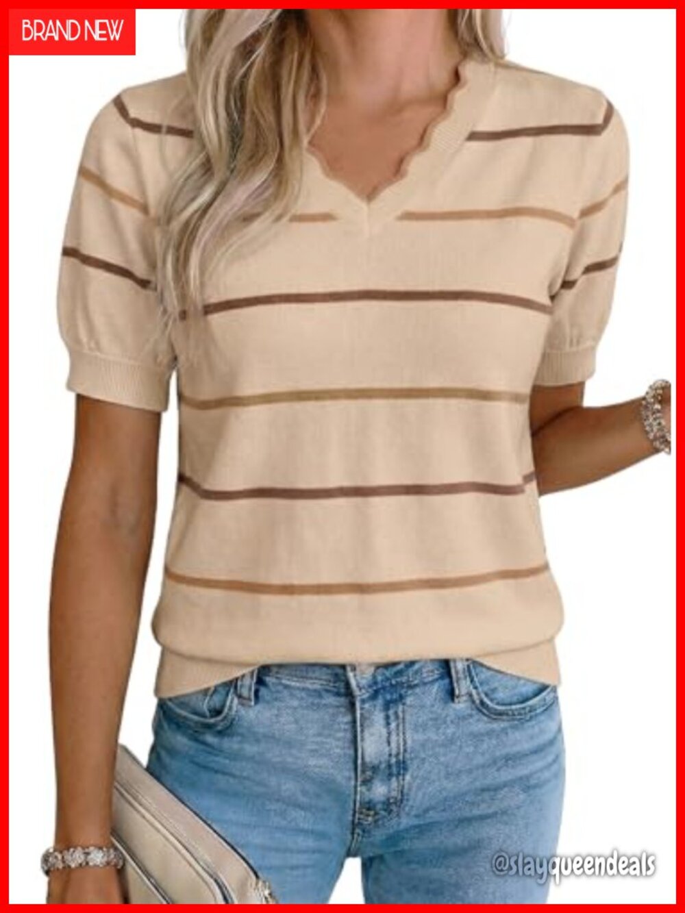 Short Sleeve Knit Top Striped V-Neck Pullover Sweater Blouse
